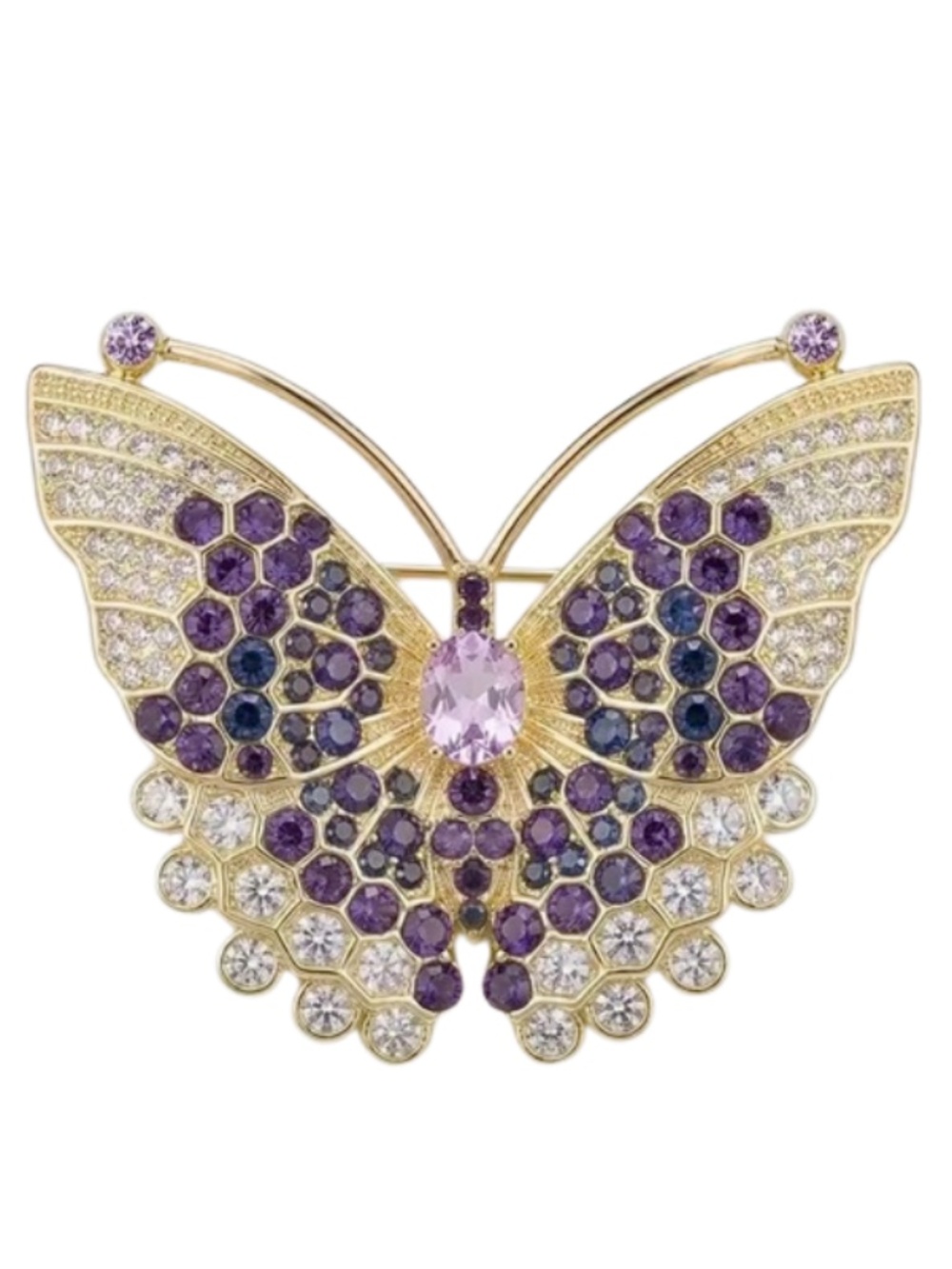 Butterfly Brooch - Light Gold Plated With Purple and Rhinestone Accents - NWT
